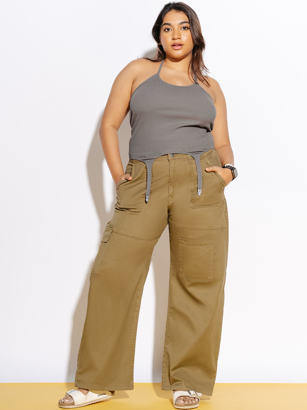 Buy FREAKINS Women Plus Size Olive Green Straight Fit High Rise Clean Look Cotton Cargo Jeans
