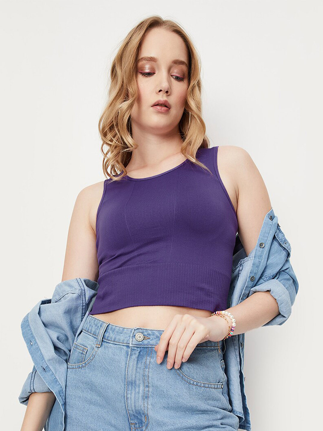 Women Magenta Rib Round Neck Crop Top