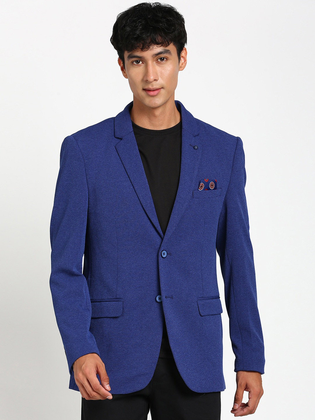 Men's Blue Self Design Single-Breasted Slim-Fit Blazer