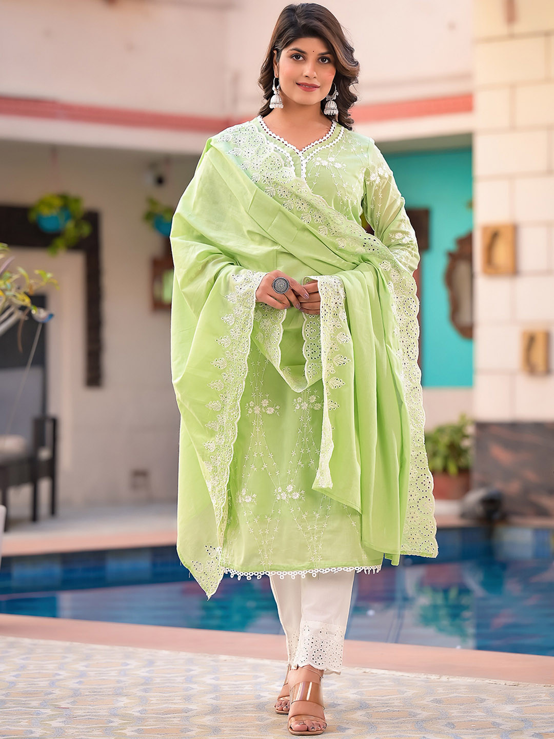 Green Embroidered Pure Cotton Straight Kurta Trousers Set
