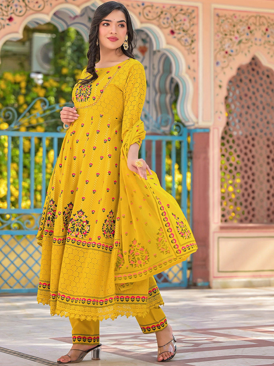 Women's Yellow Cotton Embroidered Anarkali Kurta