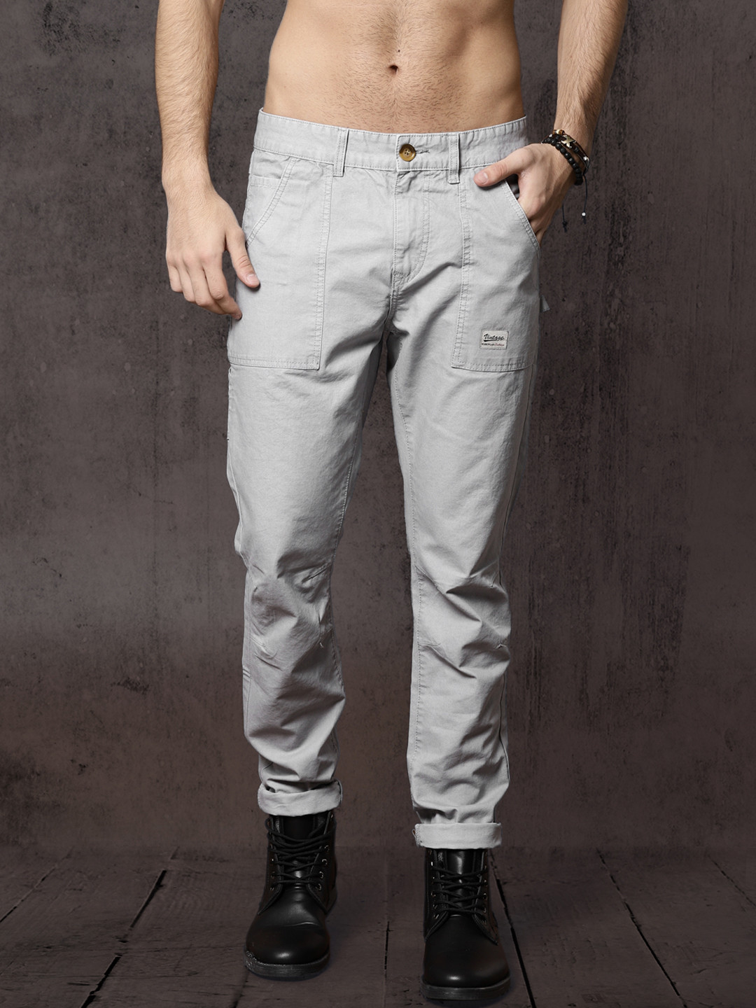 Buy Roadster Time Travlr Men Grey Slim Fit Solid Trousers - Trousers ...