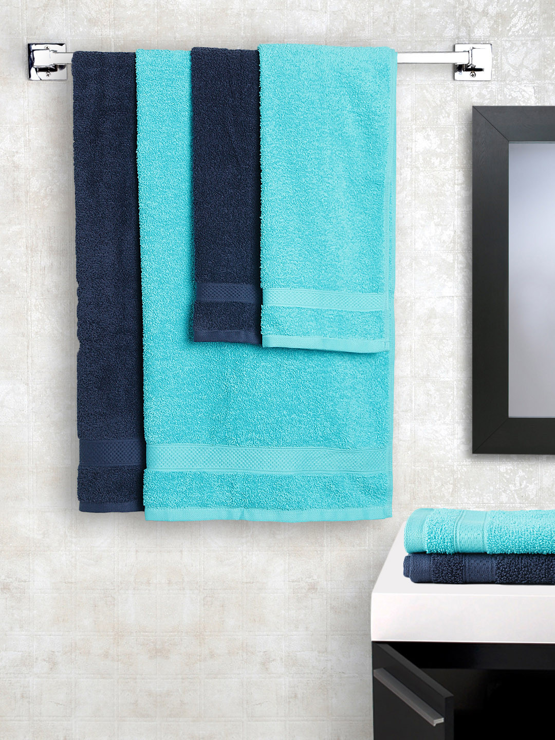 Buy SPACES Set Of 6 Blue Cotton 450 GSM Towels Towel Set for Unisex