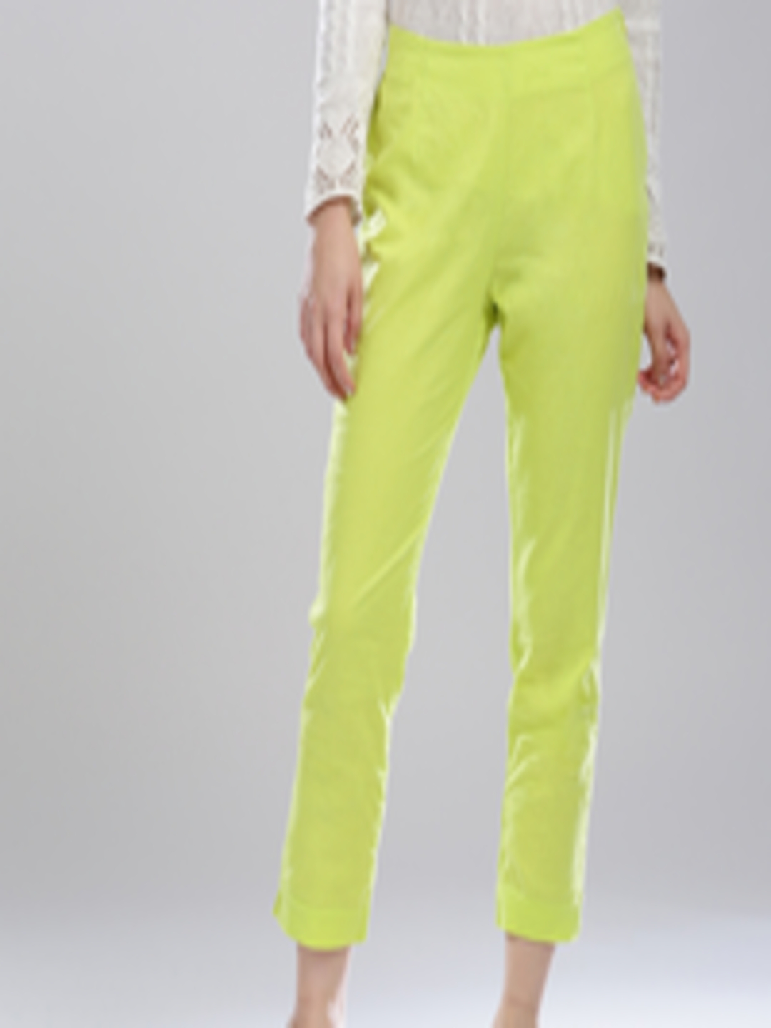 Buy W Women Lime Green Regular Fit Solid Cropped Regular Trousers ...