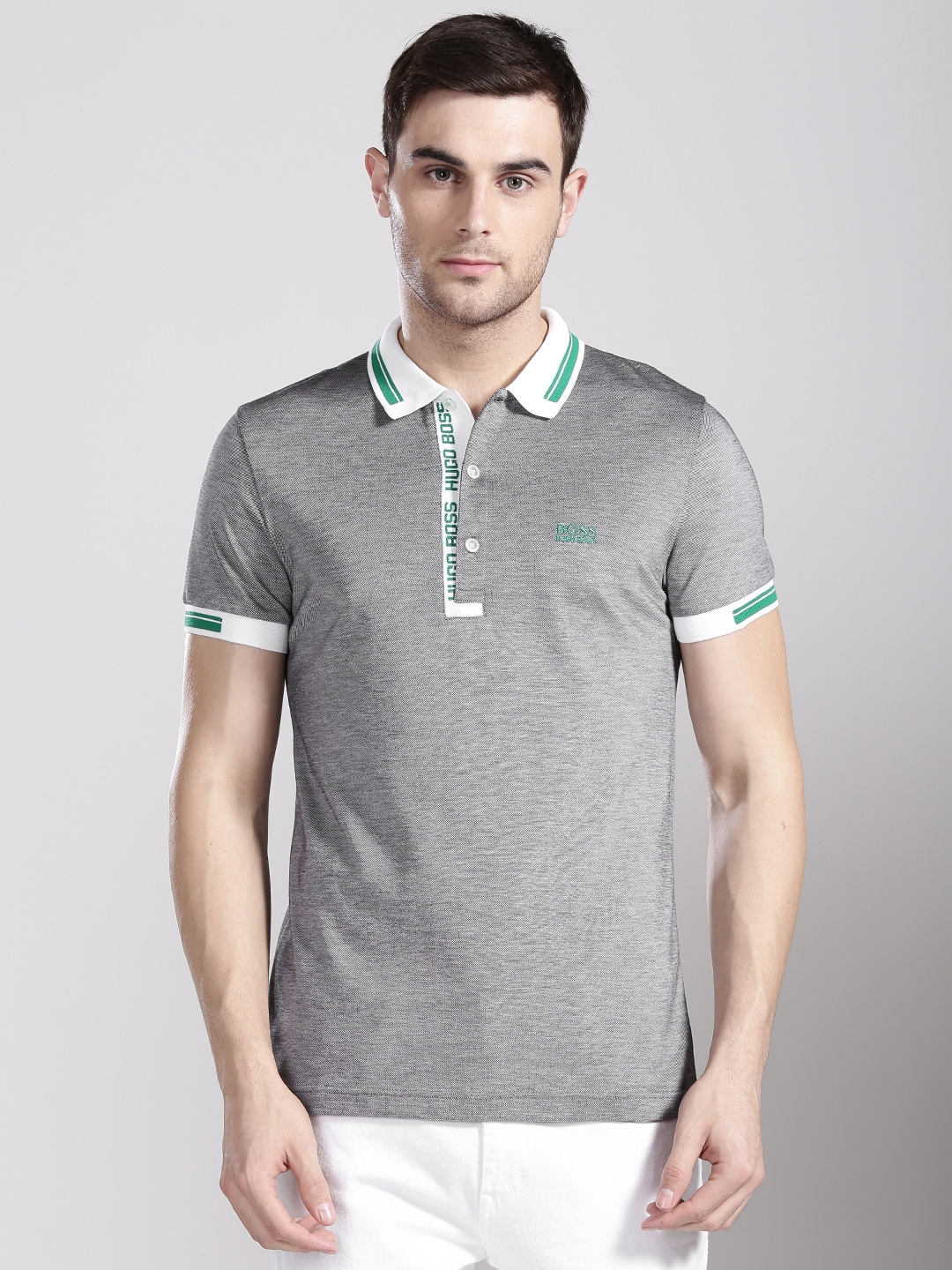 Buy BOSS Green Men Grey Solid Polo Collar T Shirt - Tshirts for Men ...