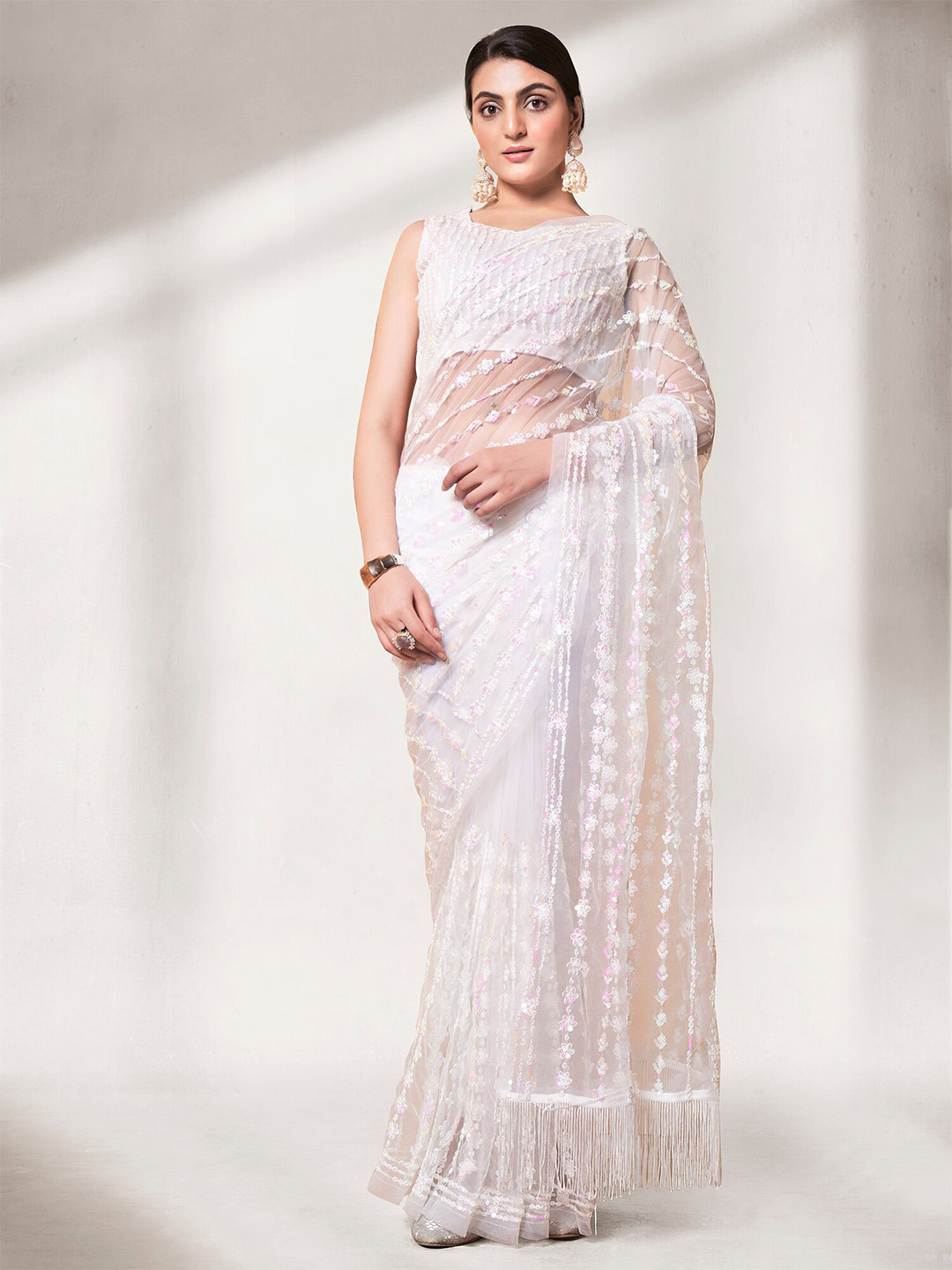 White Stripes Sequinned Bling Embellished Designer Georgette Saree main image 1