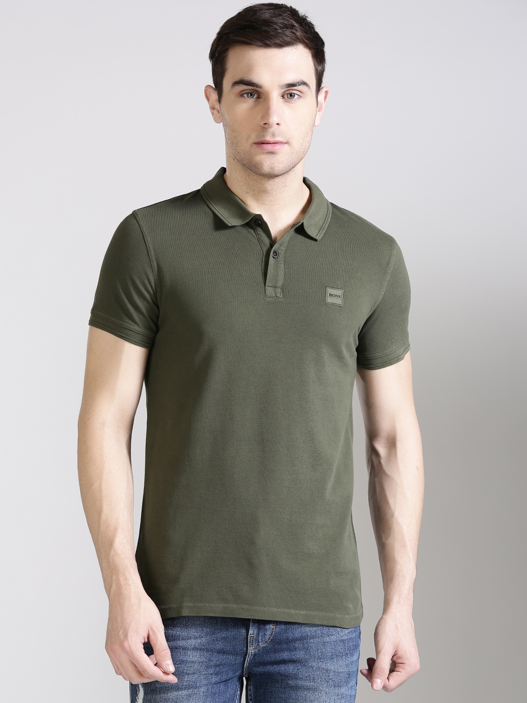 olive green and orange polo shirt