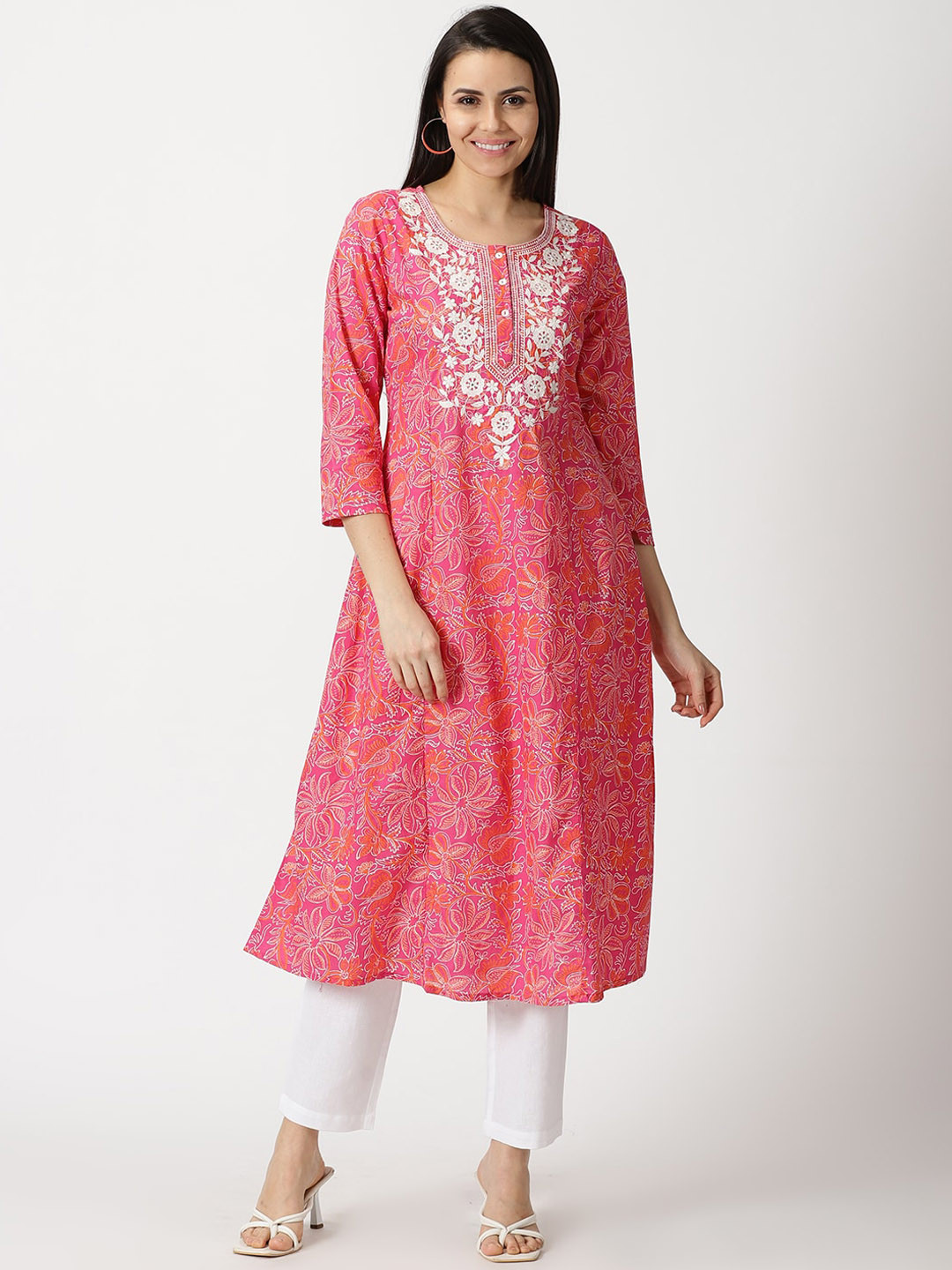 Women’s Abstract Printed Cotton Kurta with Chikankari Flared Skirt Set