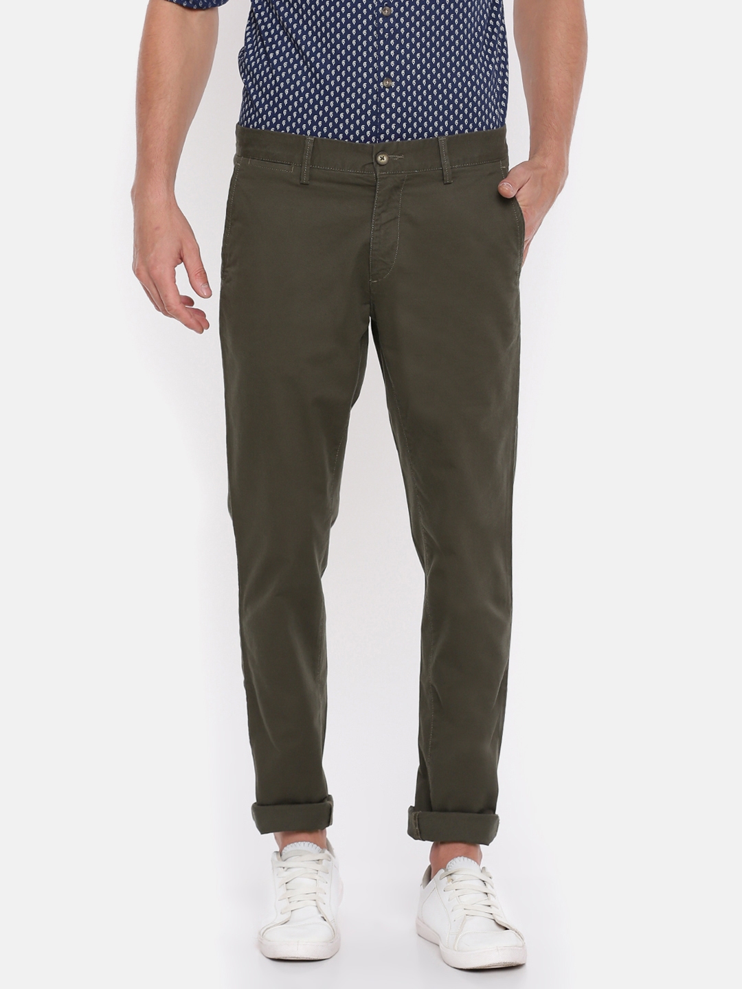 Buy U.S. Polo Assn. Men Olive Green Regular Fit Solid Trousers ...