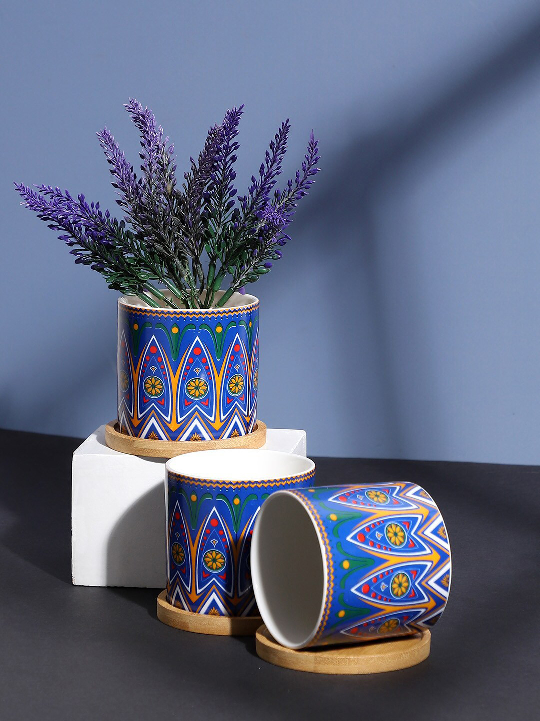 Buy Bonhomie Blue & Red 3 Pieces Printed Ceramic Planters With Coasters
