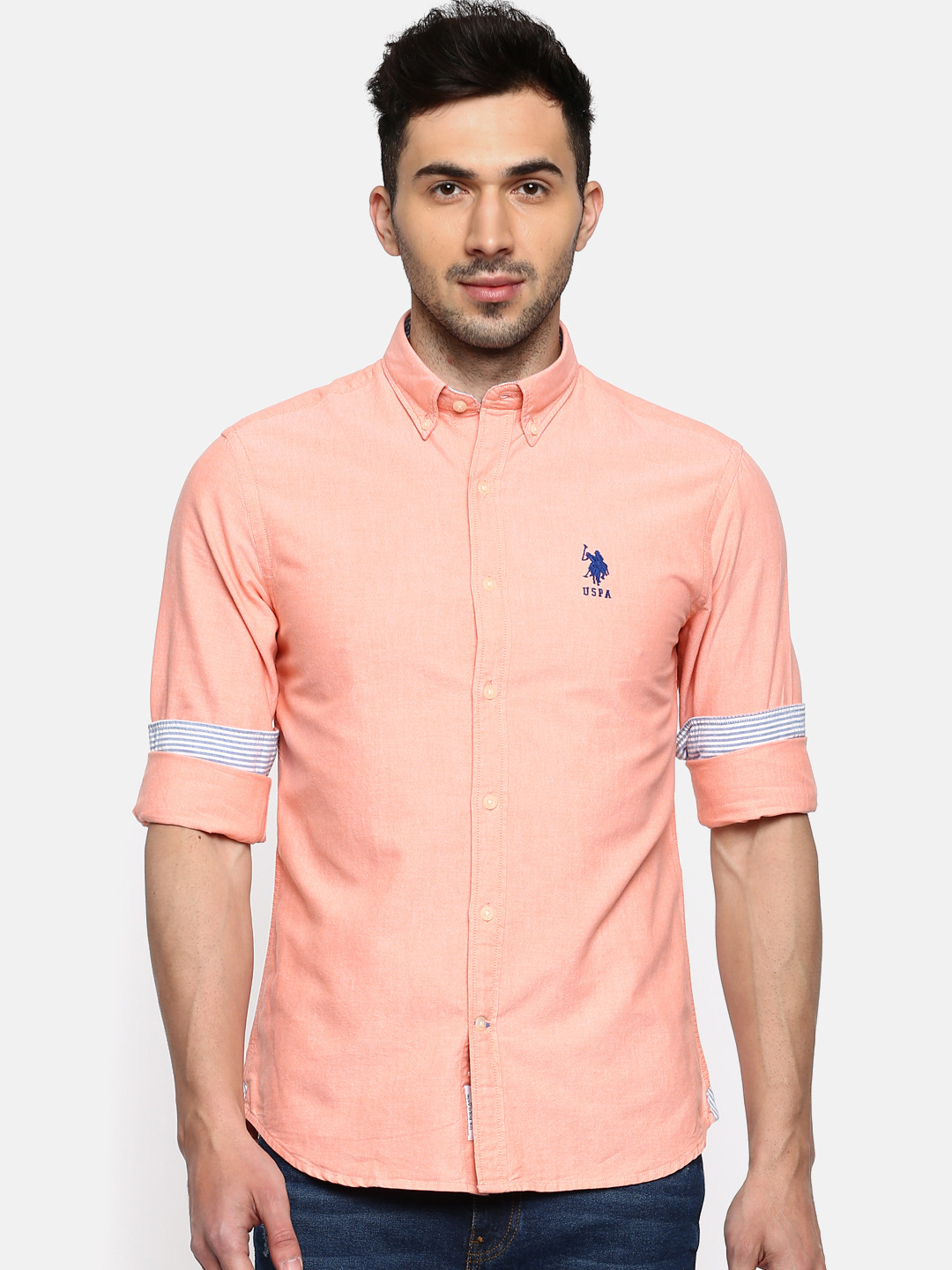 Buy U.S. Polo Assn. Men Peach Coloured Tailored Fit Solid Casual Shirt - Shirts for Men 2365179 