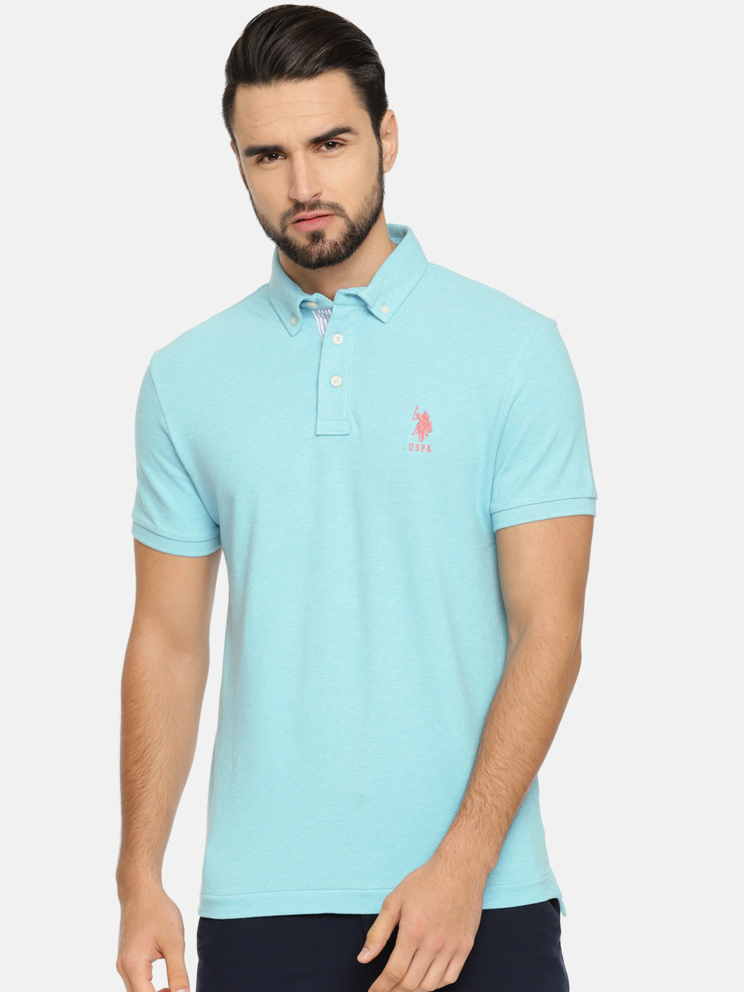 Buy U.S. Polo Assn. Men Blue Solid Polo Pure Cotton T Shirt Tshirts