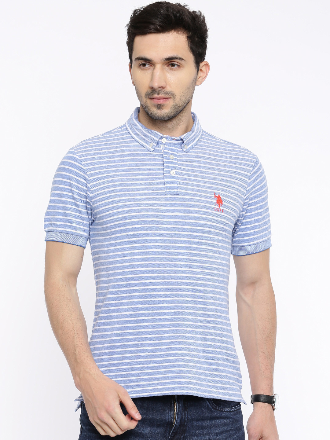 Buy U.S. Polo Assn. Men Blue White Striped Polo Pure Cotton T Shirt ...
