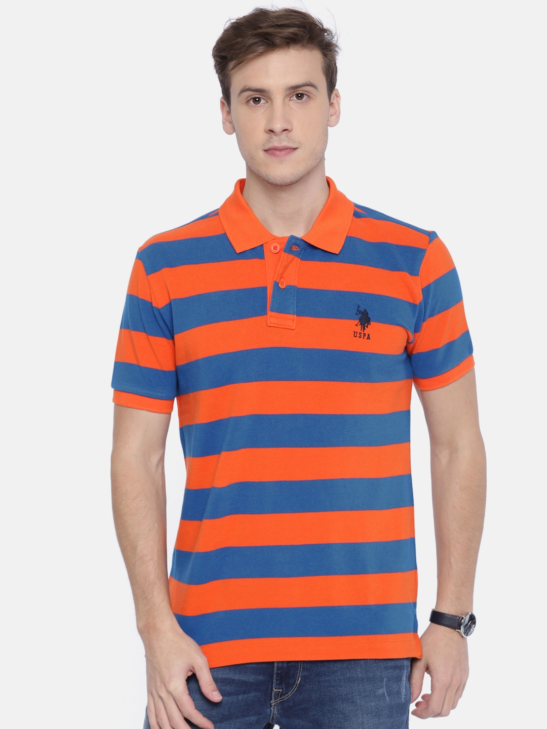 Buy U.S. Polo Assn. Men Blue Striped Polo Collar Pure Cotton T Shirt ...