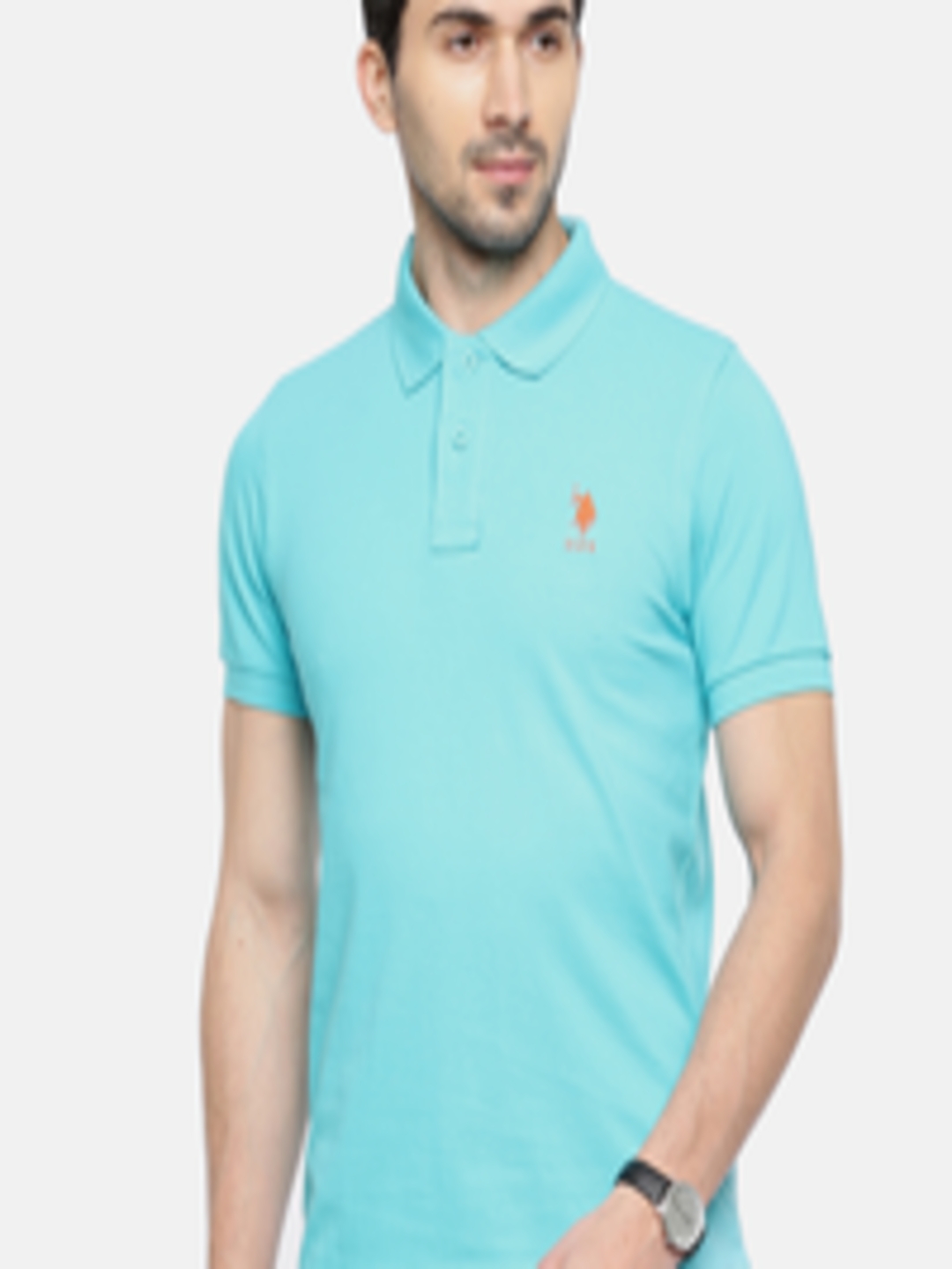 Buy U.S. Polo Assn. Men Blue Solid Polo Collar Pure Cotton T Shirt ...