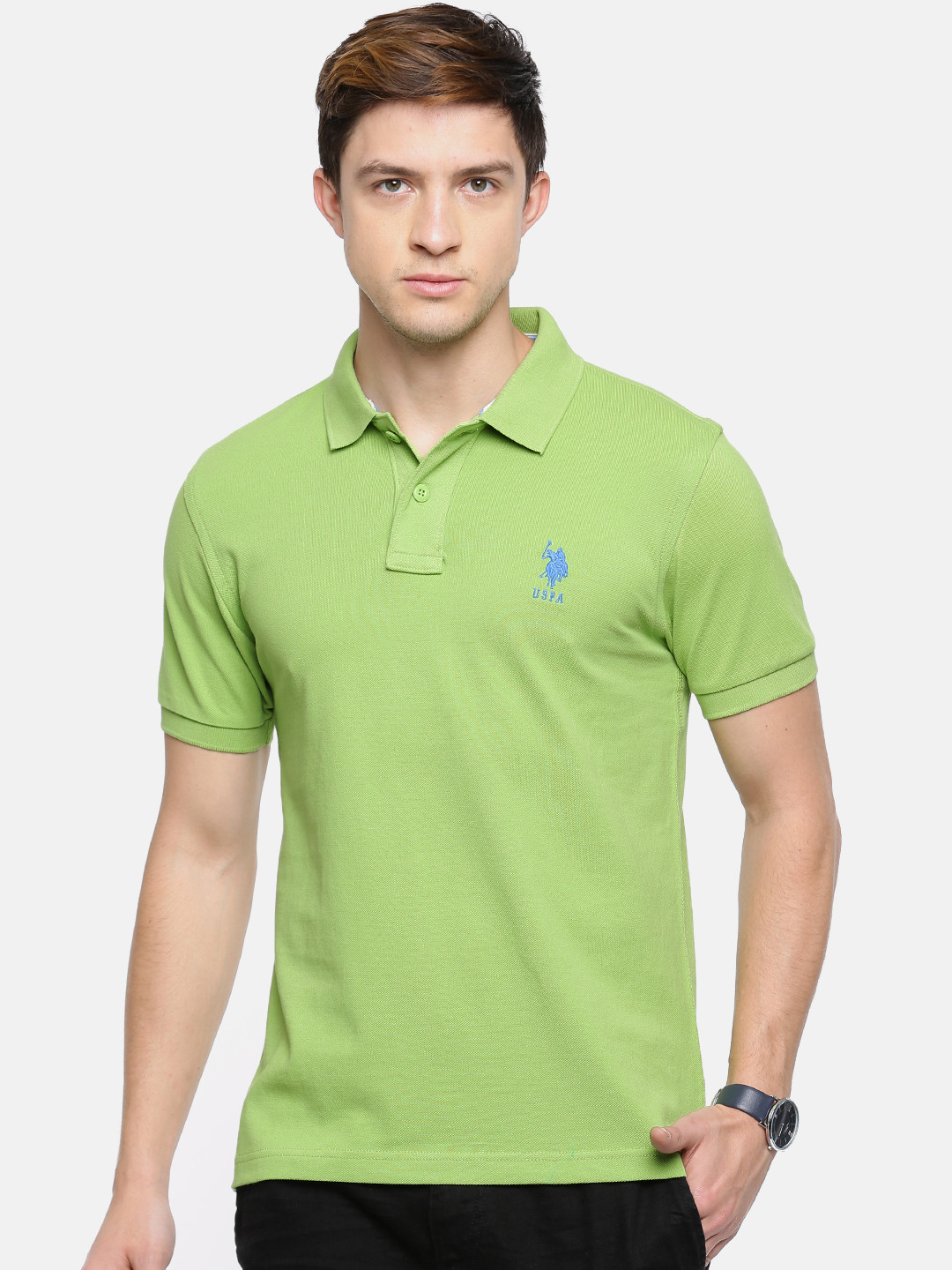 Buy U.S. Polo Assn. Men Green Solid Polo Collar Pure Cotton T Shirt