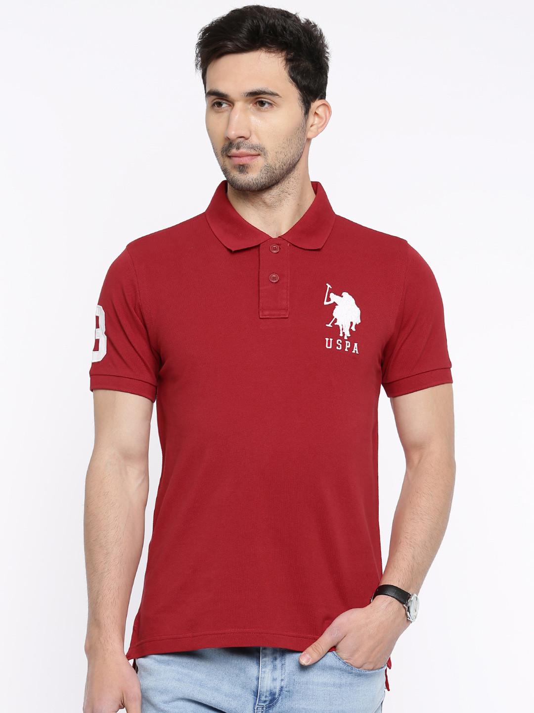 Buy U.S. Polo Assn. Men Red Solid Polo Collar Pure Cotton T Shirt