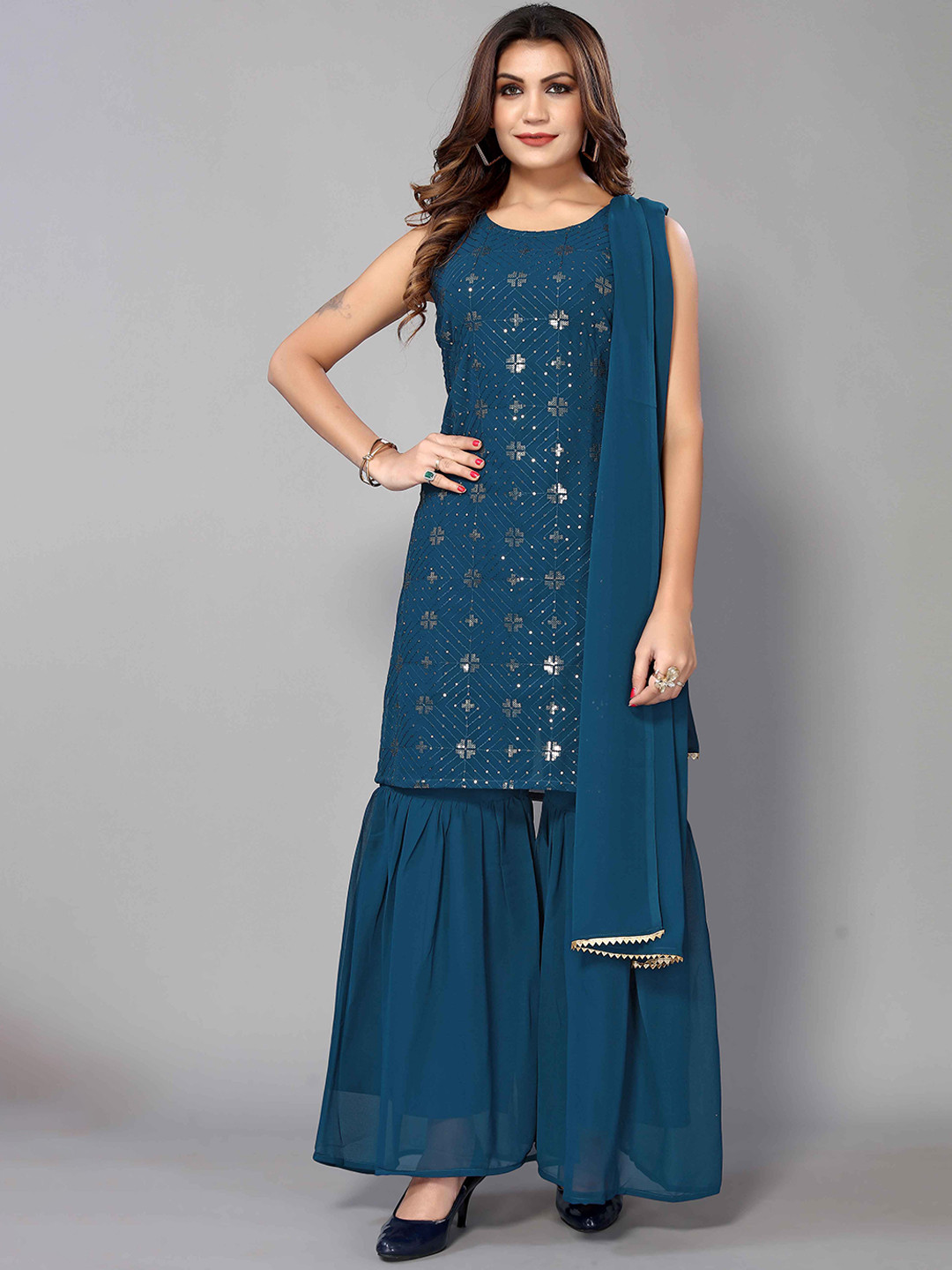 Girls Off White Embroidered Kurta With Sharara With Dupatta