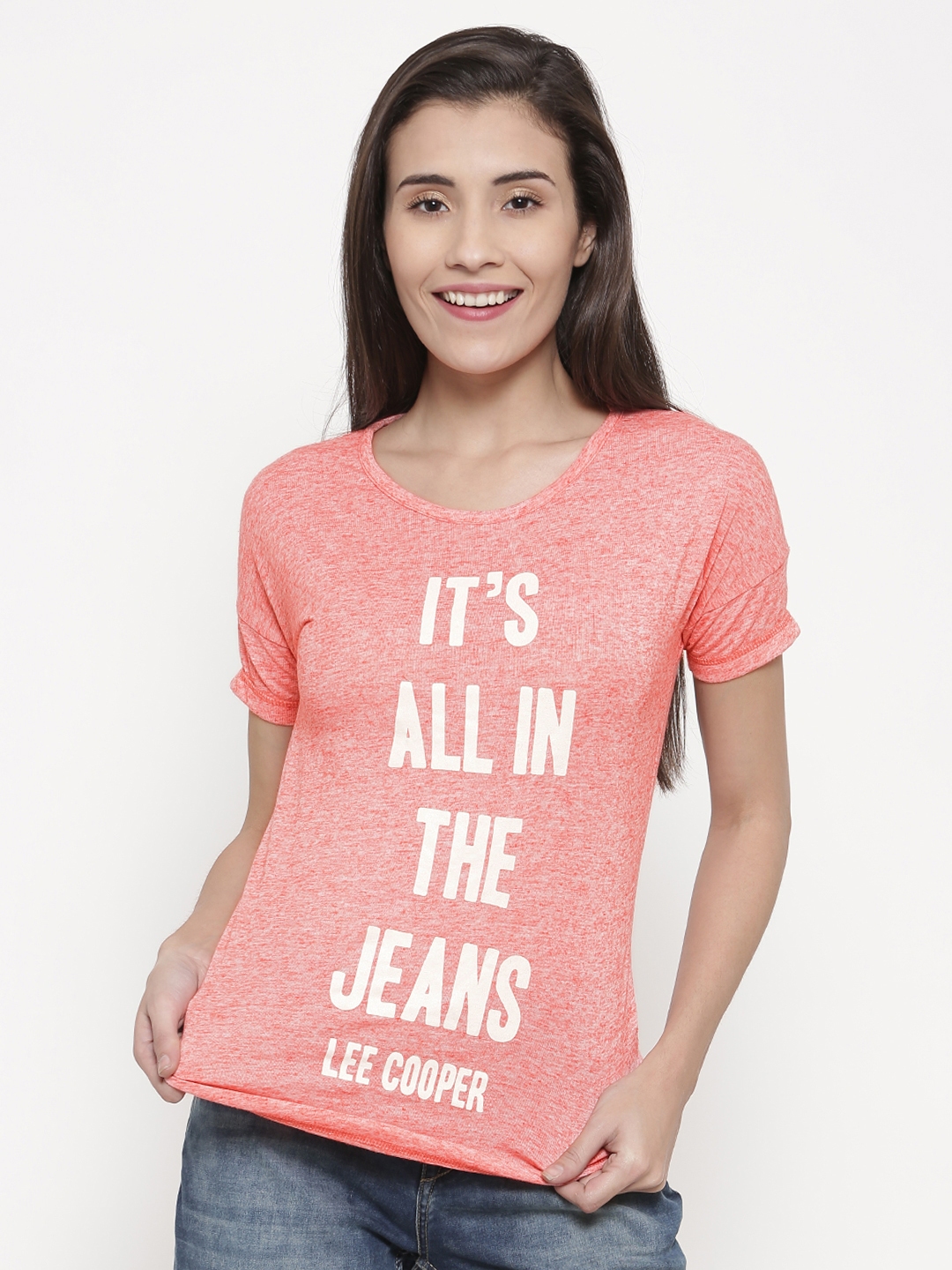 Buy Lee Cooper Women Coral Pink Printed Round Neck T Shirt - Tshirts ...