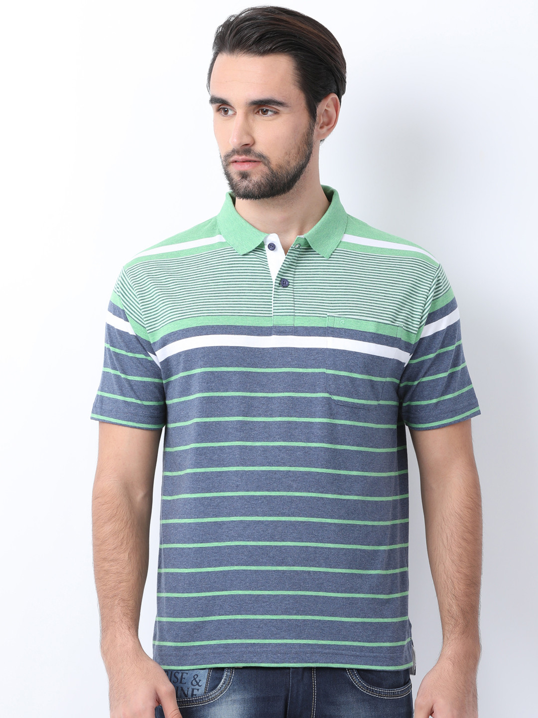 Buy Classic Polo Men Blue & Green Striped Polo Collar T Shirt Tshirts