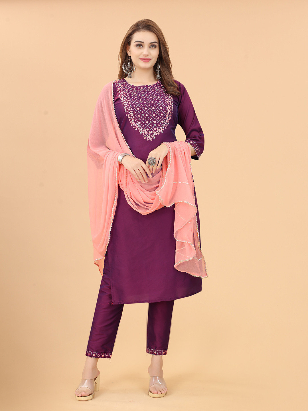 Embroidered Mirror Work Kurta With Trousers & Dupatta