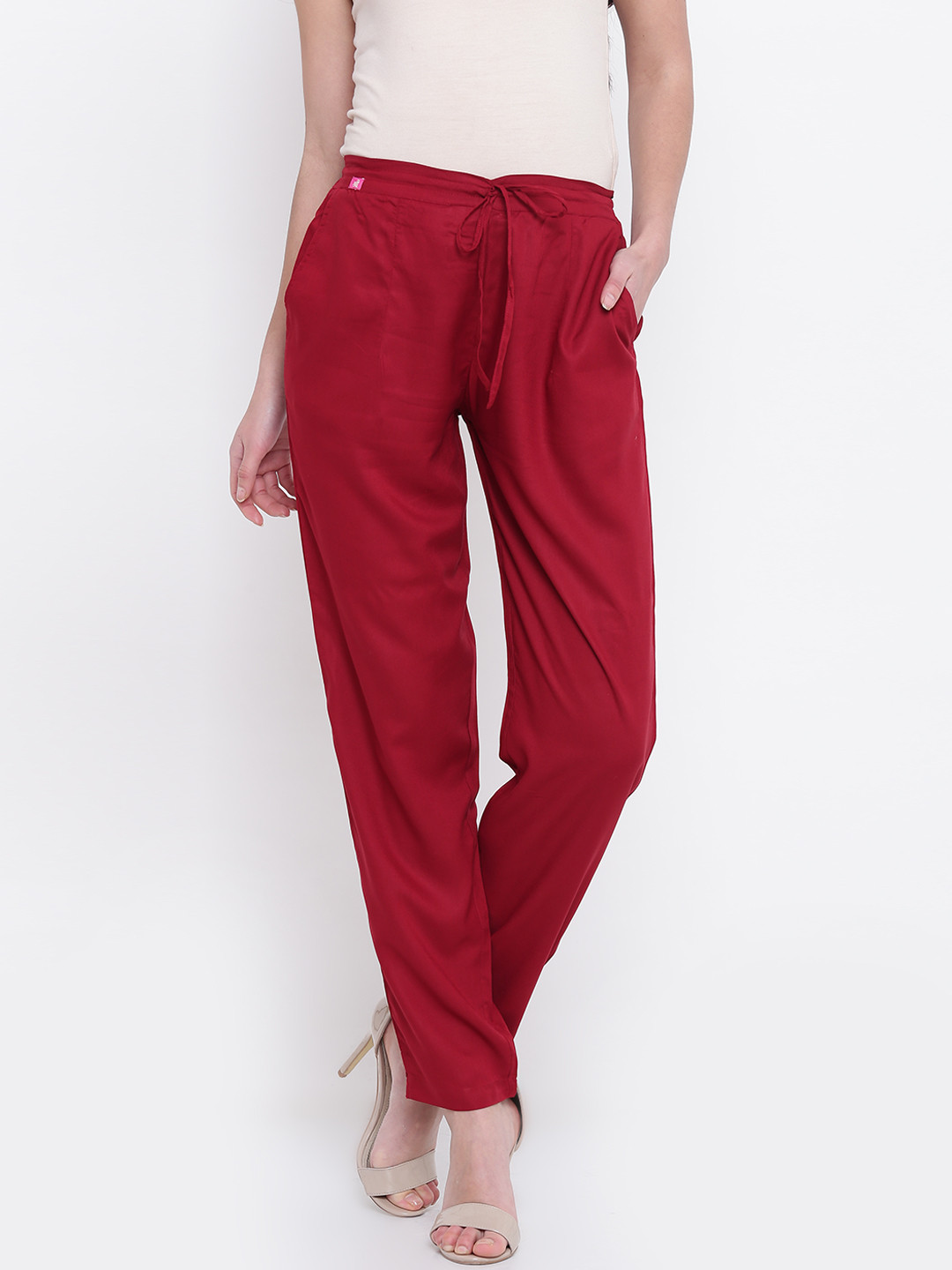 Elleven Women's Maroon Solid Yarn Dyed Trousers