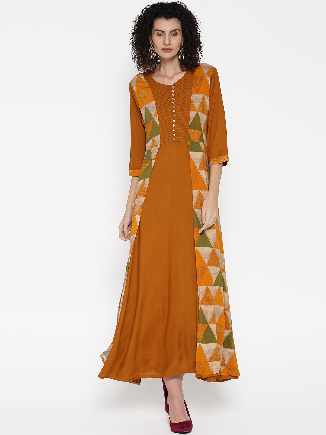 Buy Shree Women Mustard Brown & Beige Printed Layered Maxi Dress Ethnic Dresses for Women