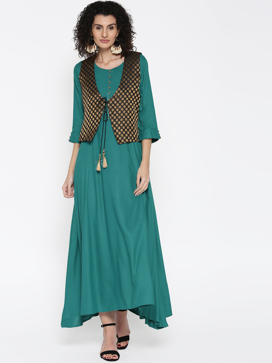 Buy Shree Women Teal Green Solid Maxi Dress With Ethnic Jacket