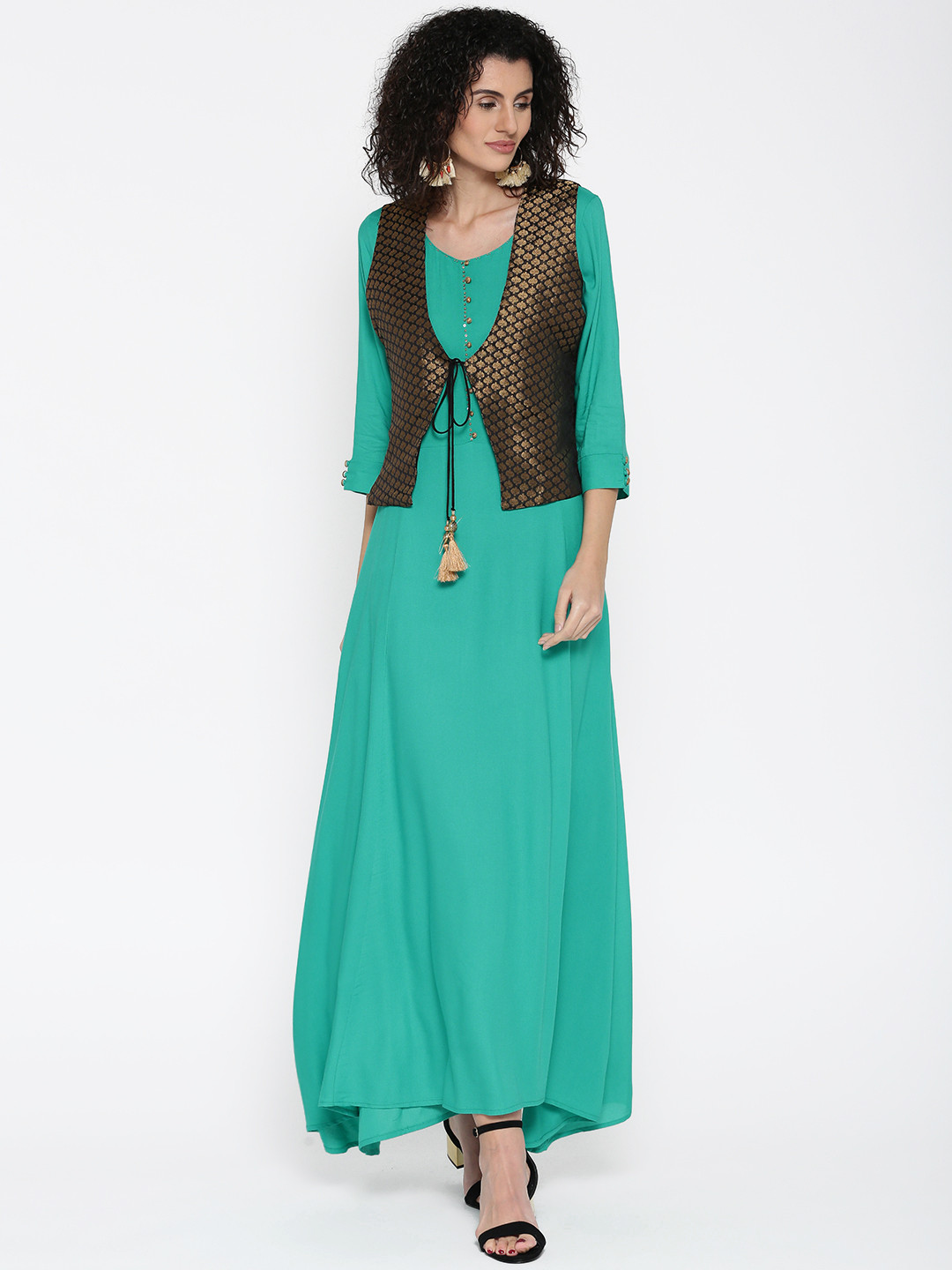 Buy Shree Women Sea Green Solid Maxi Dress With Ethnic Jacket Dresses
