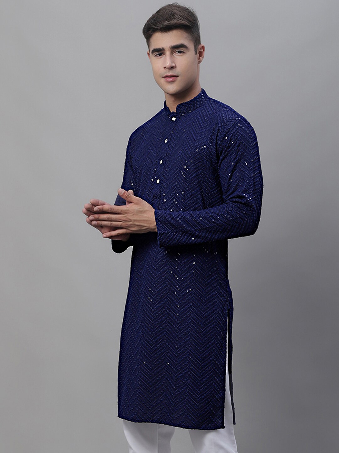 Buy Blue Cotton Satin Mandarin Collar Kurta Set For Men By Mayank Modi