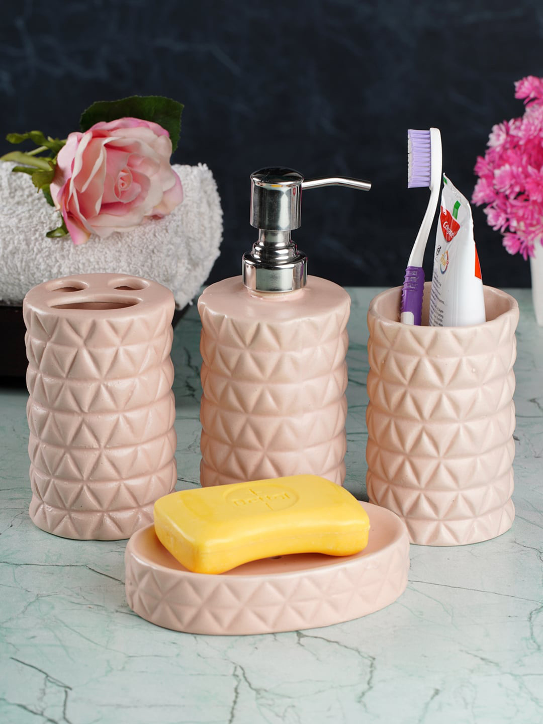 Buy CDI Pink 4 Pieces Textured Ceramic Bath Accessories Set Bathroom