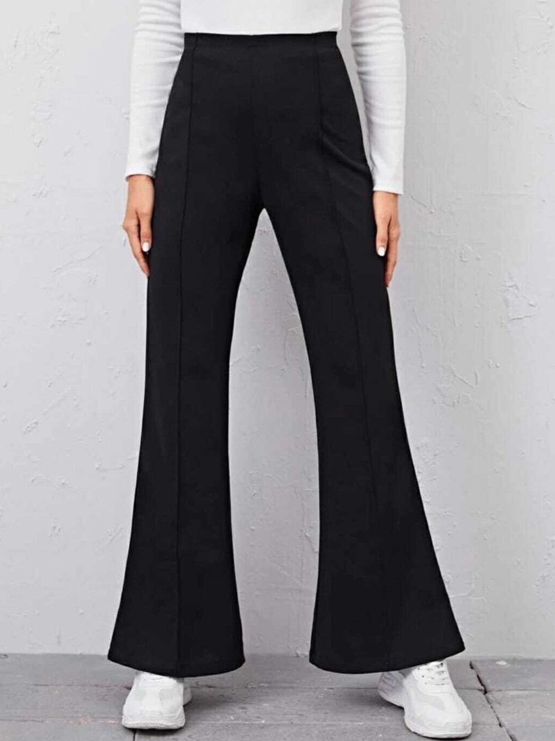 Women Black Flared Mid-Rise Bootcut Trousers