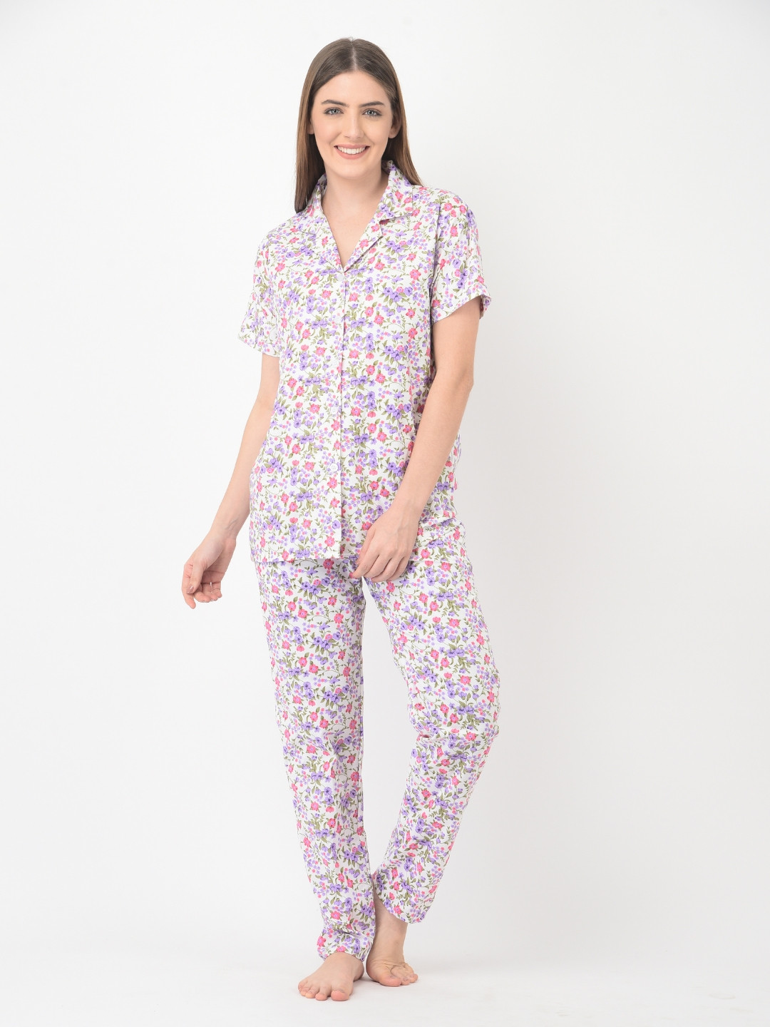 Women Black Floral Printed Night Suit