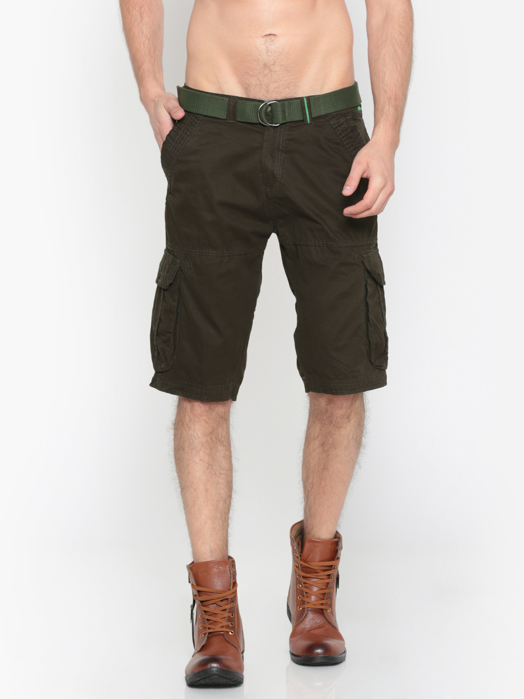 Buy Sports52 Wear Men Olive Green Solid Regular Fit Cargo Shorts
