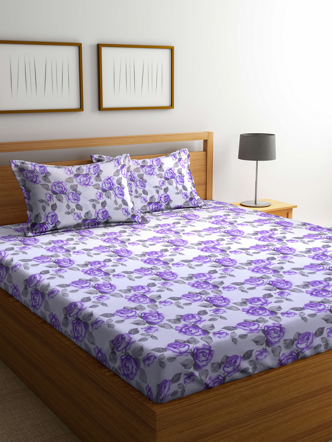 Buy BOMBAY DYEING White & Purple Floral Flat 144 TC Cotton 1 King