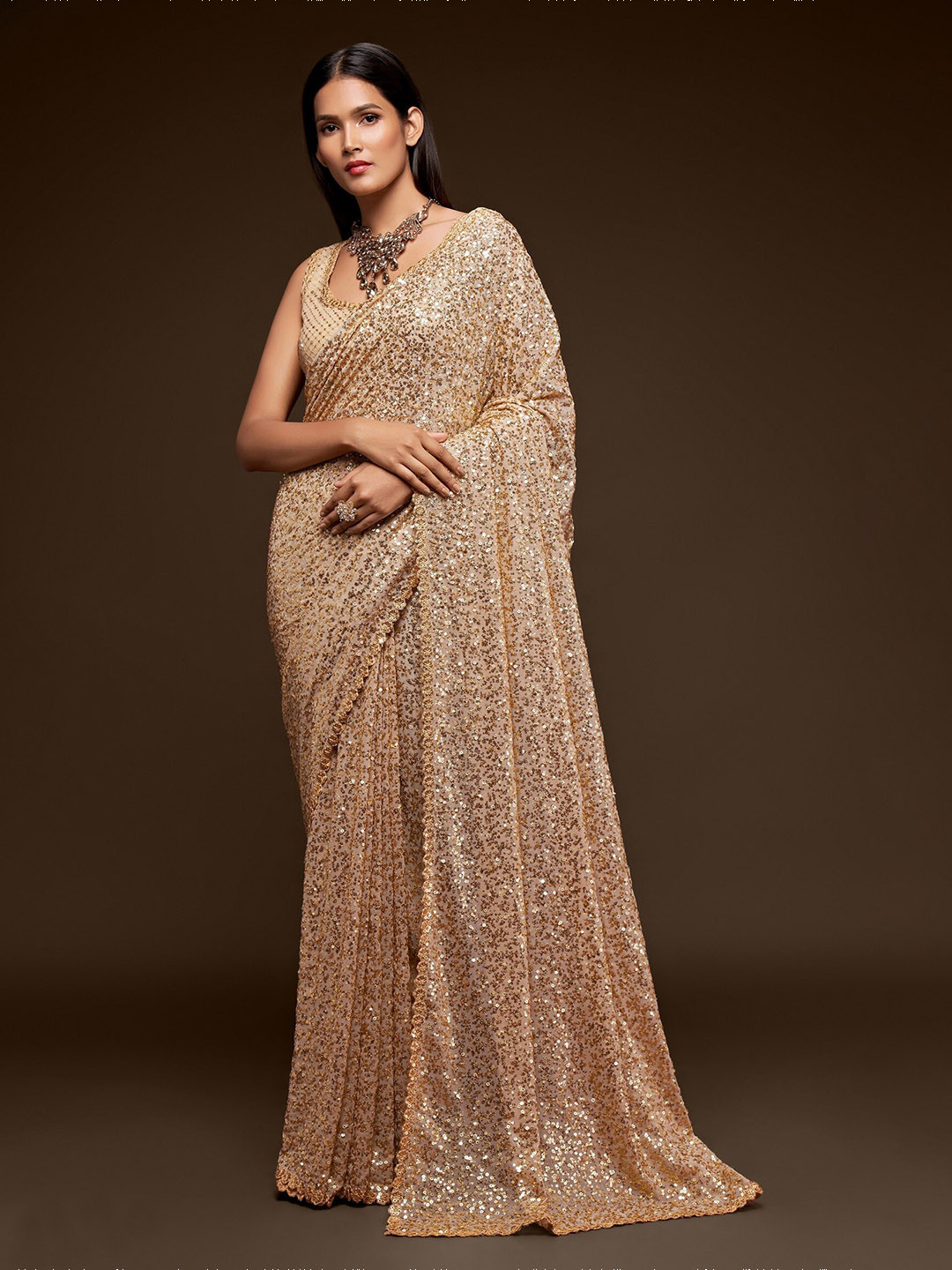 Teal & White Floral Embroidered Sequinned Poly Georgette Saree