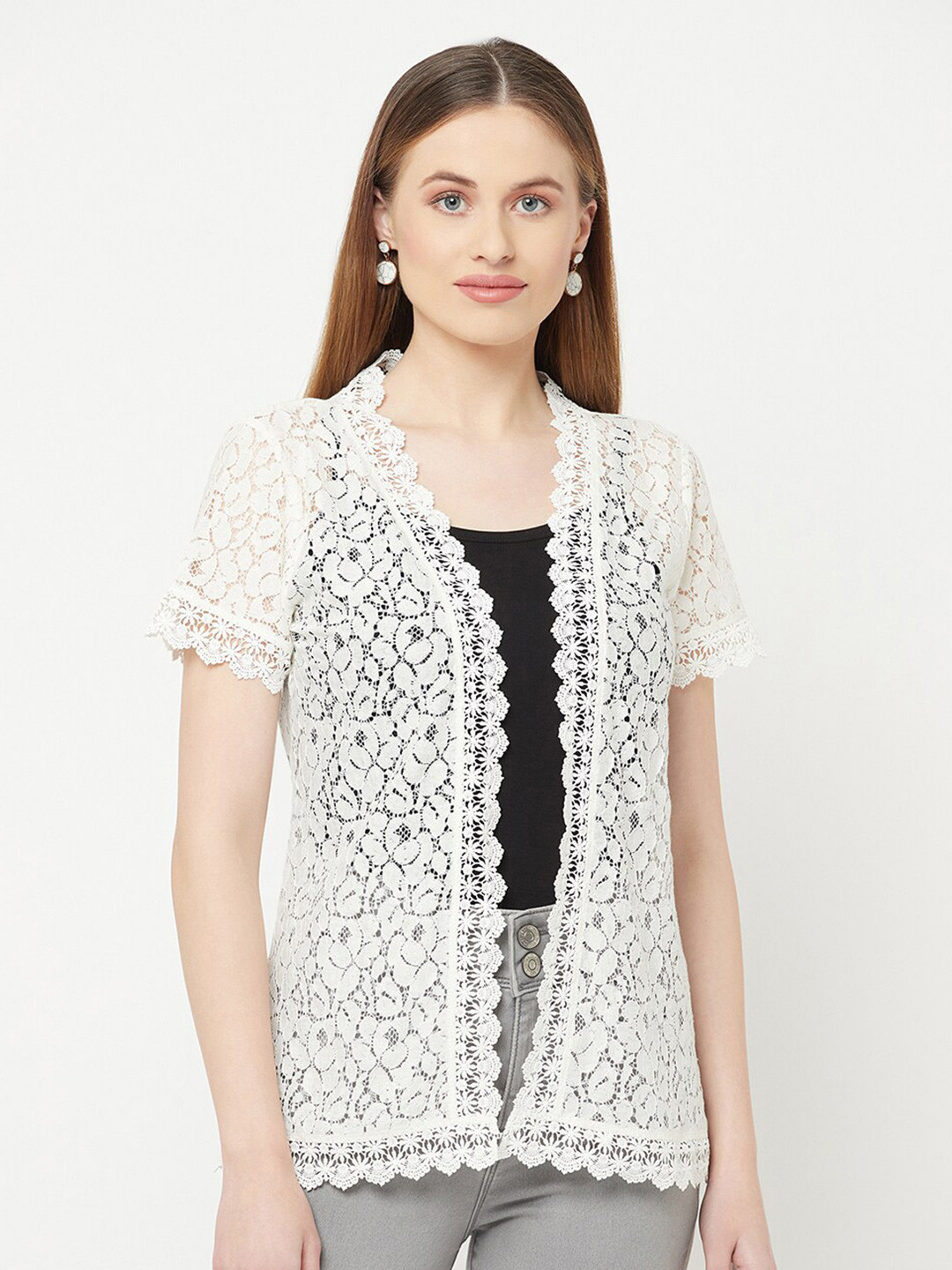 Women's Beige Self Design Open Front Longline Shrug