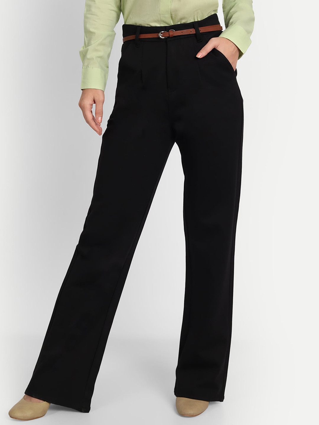 Black Solid Regular Trousers Women Loose Fit High Rise Trousers