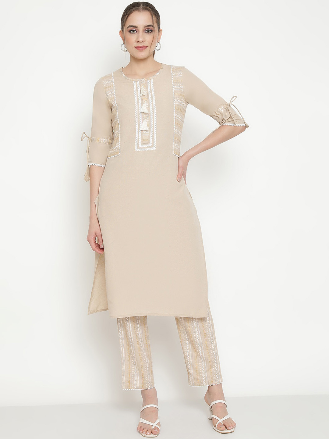Indiessence (Buy 2 @ 499) Women Beige Stripe Printed Kurta