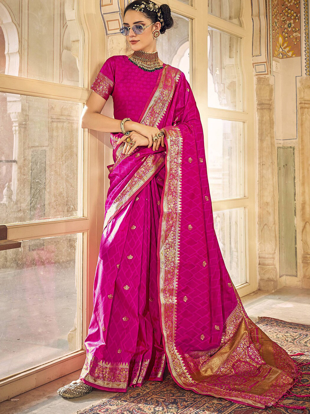 Buy Mitera Pink & Gold Toned Woven Design Zari Art Silk Saree Sarees