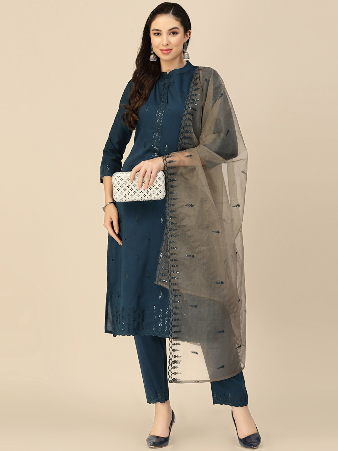 Floral Embroidered Sequinned Straight Kurta with Trouser & Dupatta