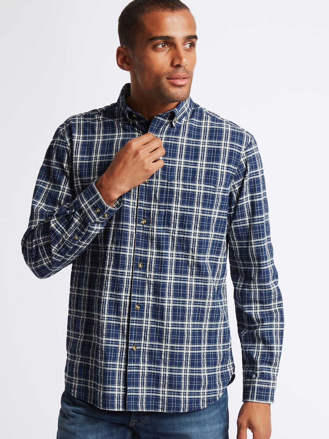 Buy Marks & Spencer Men Blue Regular Fit Checked Casual Shirt Shirts