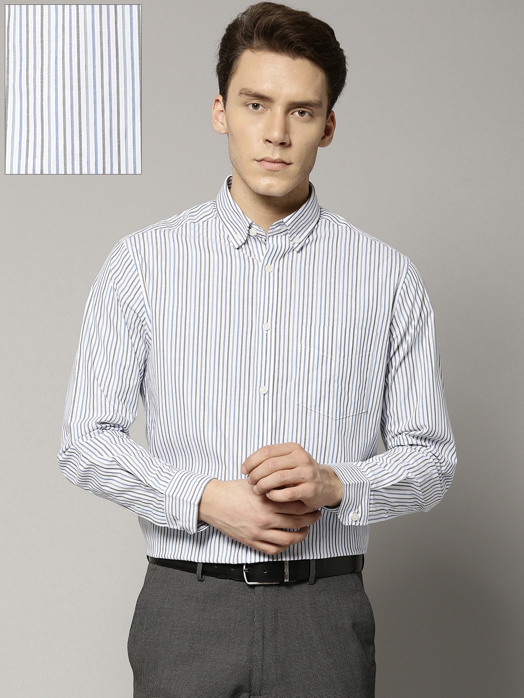 Buy Marks & Spencer Men White & Blue Regular Fit Striped Formal Shirt ...