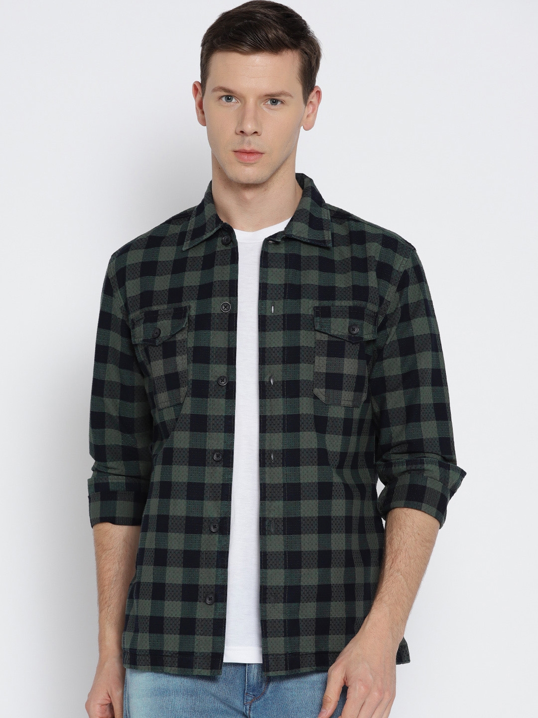 Buy Jack & Jones Men Green & Black Slim Fit Checked Casual Shirt ...