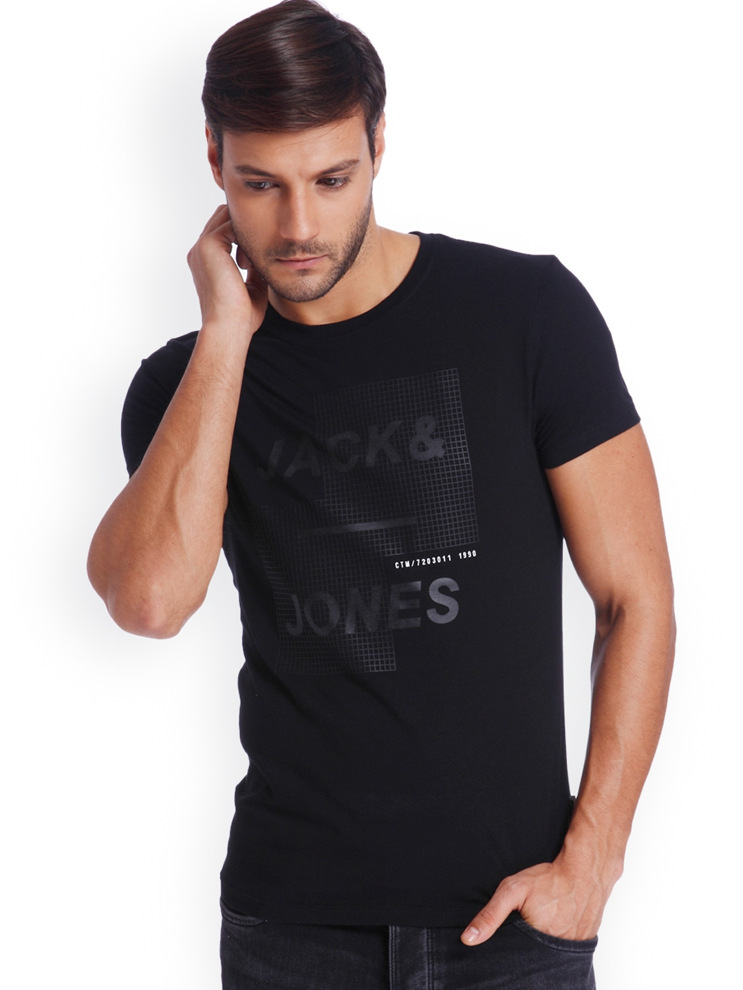 Buy Jack & Jones Men Black Printed Round Neck Slim Fit T Shirt ...