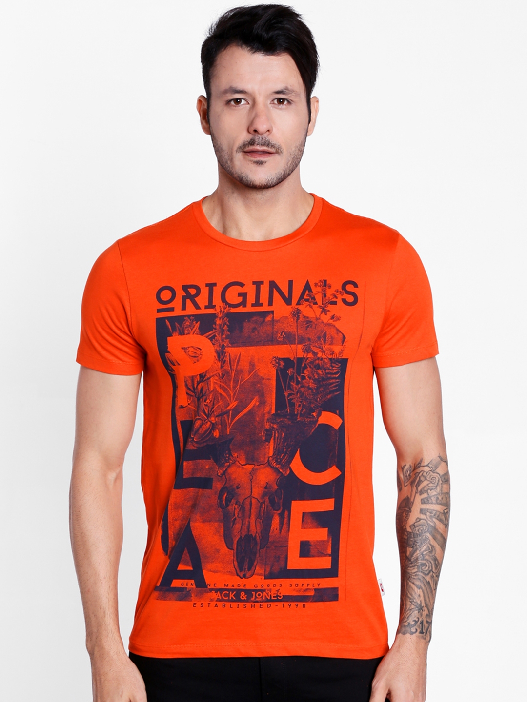 Buy Jack & Jones Men Orange Printed Round Neck Slim Fit T Shirt ...