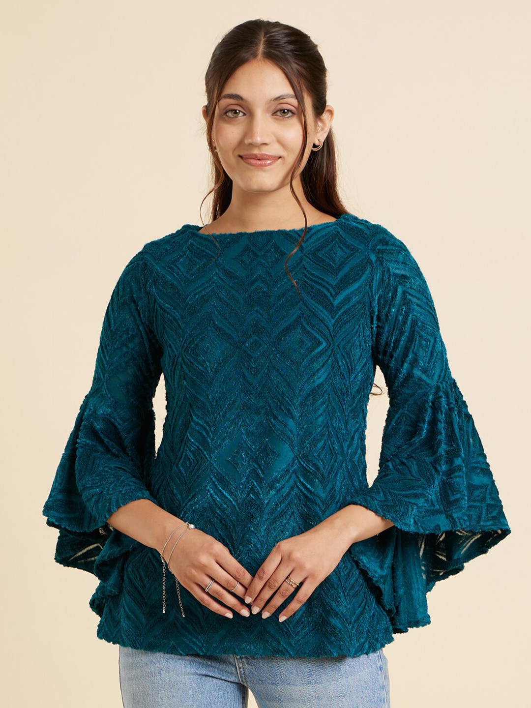 Buy Emmyrobe Gathered Boat Neck Bell Sleeve Casual Straight Top Tops