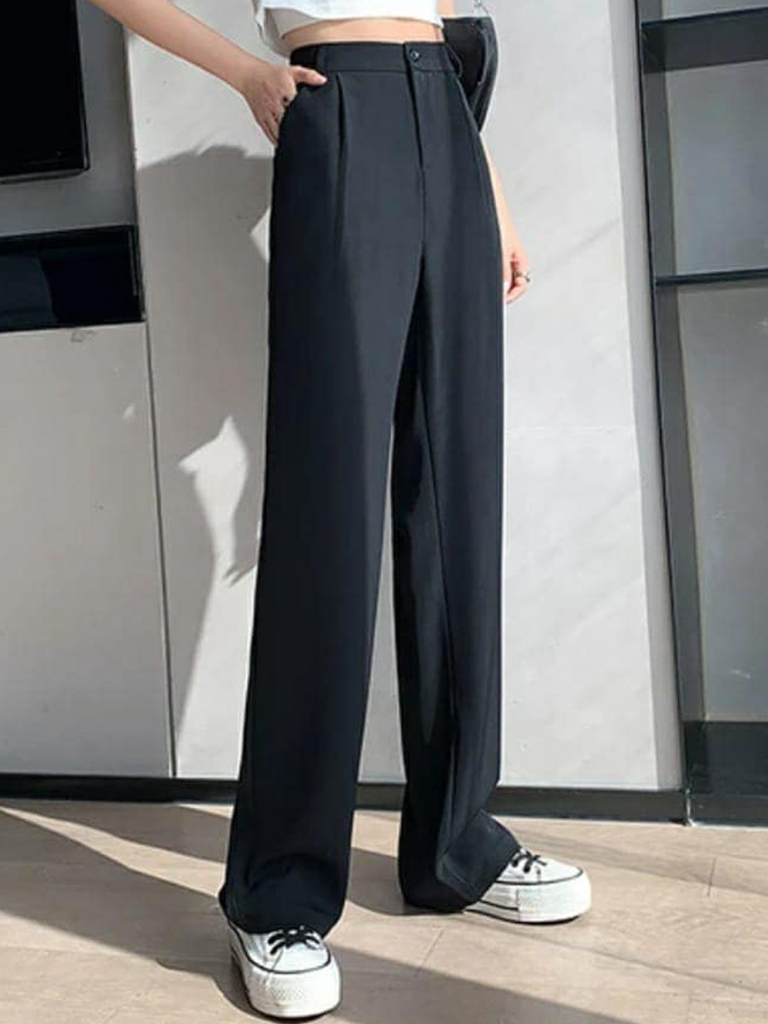 Korean High Rise Pleated Wide Leg Trouser with Belt