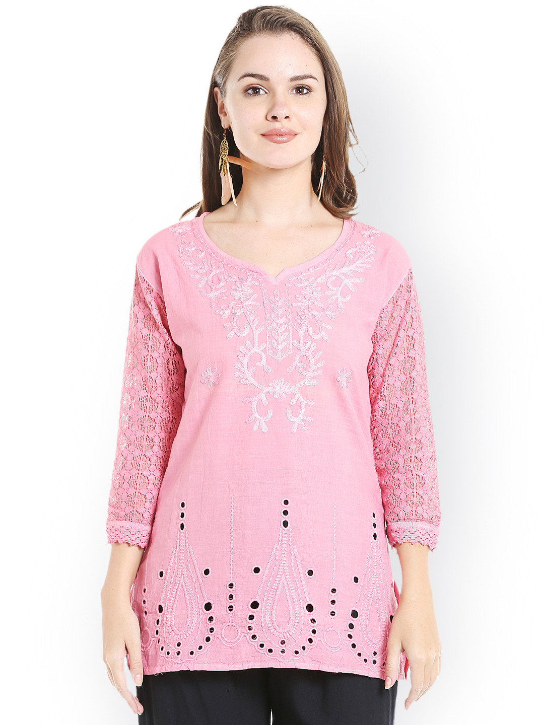 Buy Ishin Pink Cotton Embroidered Straight Kurti Kurtis for Women
