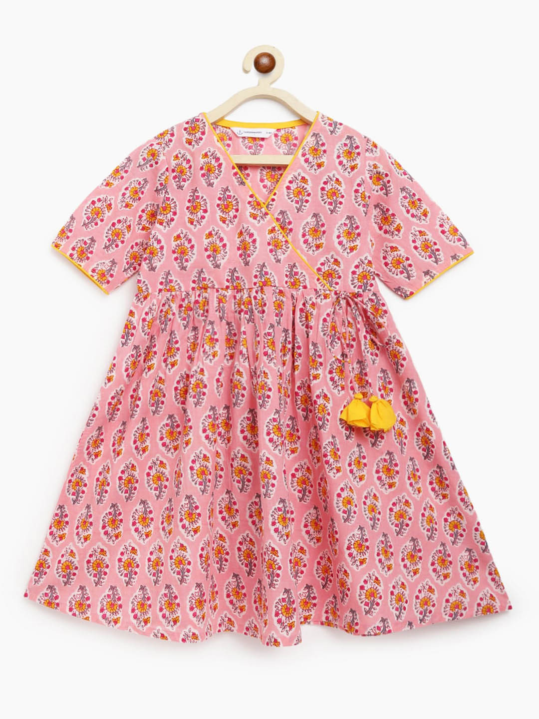 Campana Girls Nihira Flared Kurta - Kantha & Floral Print - Lime Green